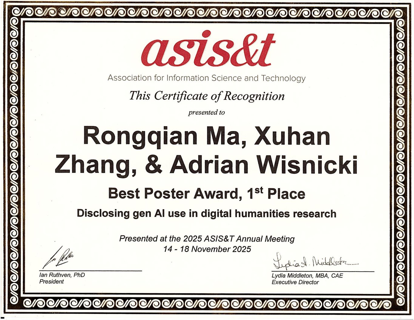 Best Poster Award, 1st Place certificate from ASIS&T 2025